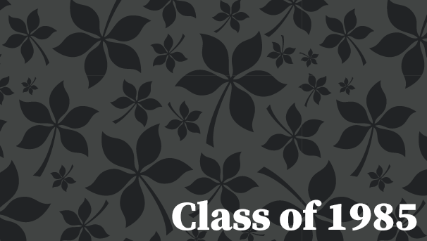 Gray leaves with text Class of 1985