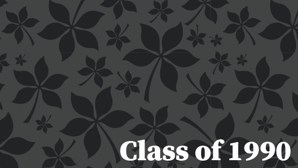 Gray background graphic with Buckeye leaves and the text Class of 1990