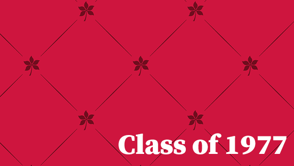 Buckeye leaves on scarlet background with the words Class of 1977 written on top