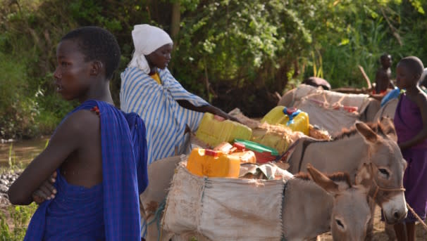 Individuals adding supplies into the cloth packs on the side of their donkeys