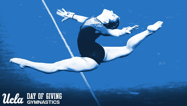 ucla gymnast attempting a split jump in competition