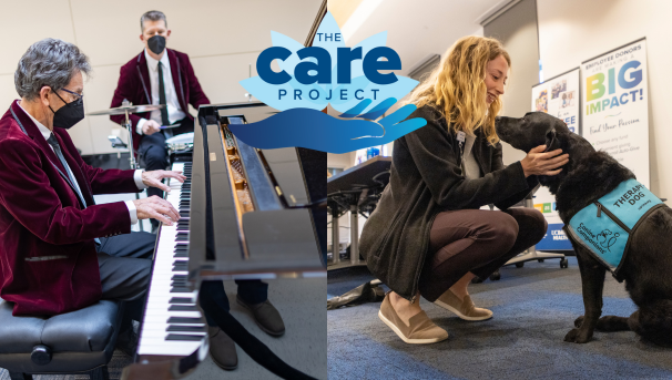 An image of a man playing a Grand Piano and a woman squatting down to pet a therapy dog.