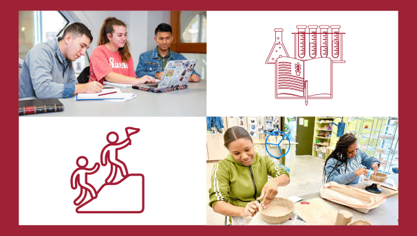 Graphic featuring 3 students studying together and 2 students participating in a ceramics class