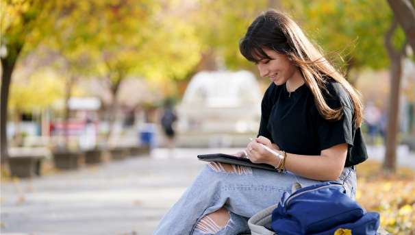Student at fountain