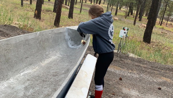 Marie sealing the canoe