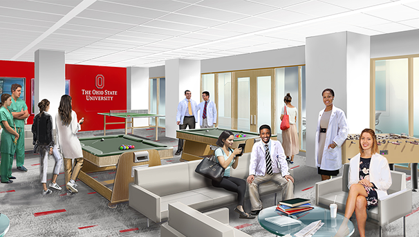 Graphic of individuals sitting in the new student lounge of the IHSC College of Medicine building