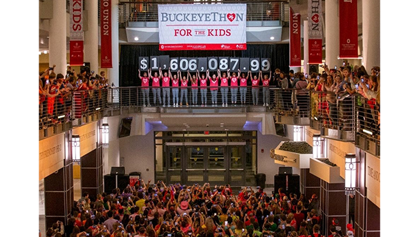 Students gather in the Ohio Union to celebrate the total amount raised: $1,606,087.99