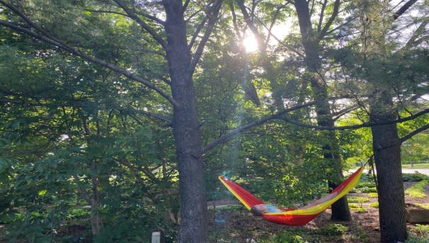 A student in a multicolored hammock swings between two trees