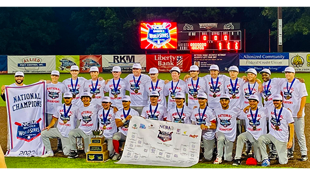 Ohio State Baseball Club National Champions players posing for a team photo on a baseball field