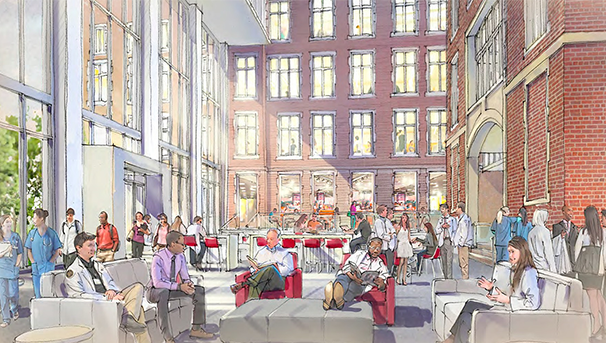 Graphic of individuals sitting in the new common space of the IHSC College of Medicine building