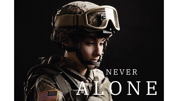 Individual wearing military gear with the text never alone on the image