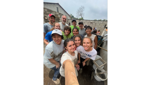 A selfie of students during a service trip building houses in Guatemala.