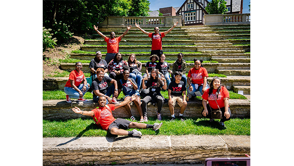 Students celebrate at the Browning Amphitheater