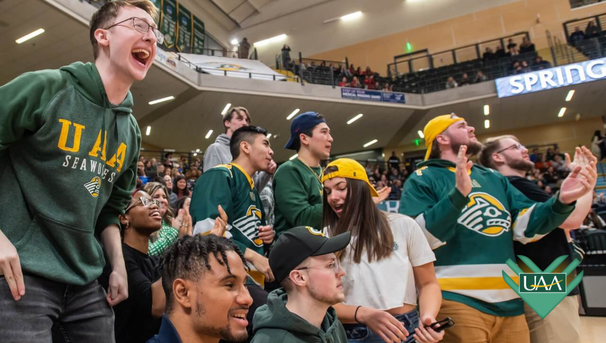 UAA students cheer on the Seawolves at a campus game, showing school spirit and pride.