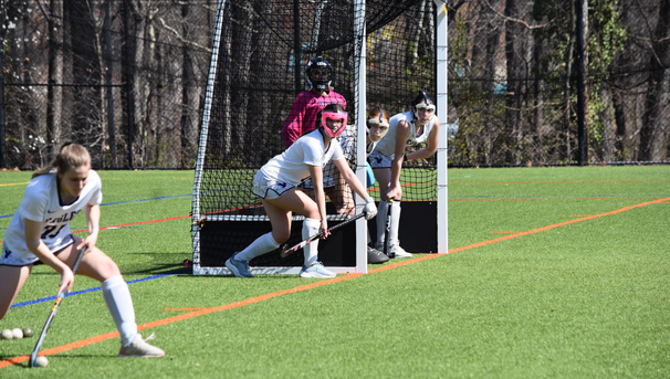 Field hockey player about to hit ball with teammates waiting in goal