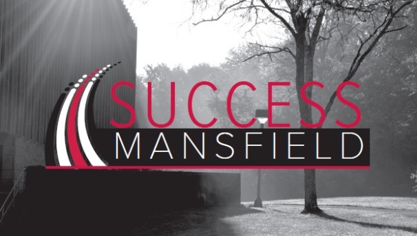 Success Mansfield's logo with a grey scaled building and tree in the background