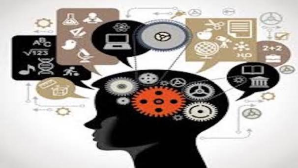 A cartoon's side profile with cogs in brain. Speech bubbles have different technology components