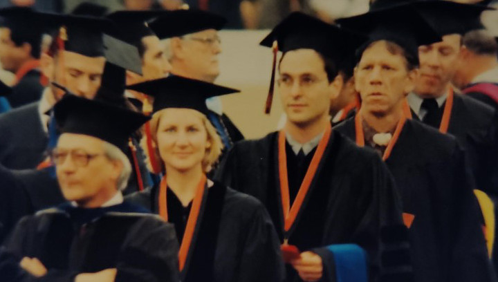 Dr. Petrin, Patti Loughlin, Rich Faillace, and Bill Homans ("Watermelon Slim") at 2000 commencement.