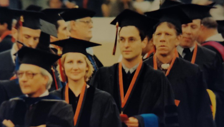 Dr. Petrin, Patti Loughlin, Rich Faillace, and Bill Homans ("Watermelon Slim") at 2000 commencement