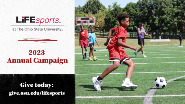 Young kid kicking a soccer ball on a soccer field. To his left is the LifeSport 2023 logo