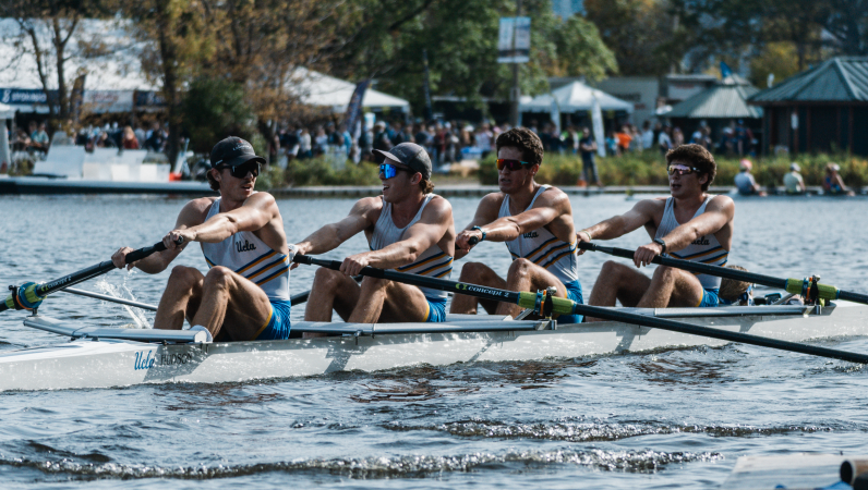 UCLA's 2025 Head of the Charles 4+ goes into the final turn.