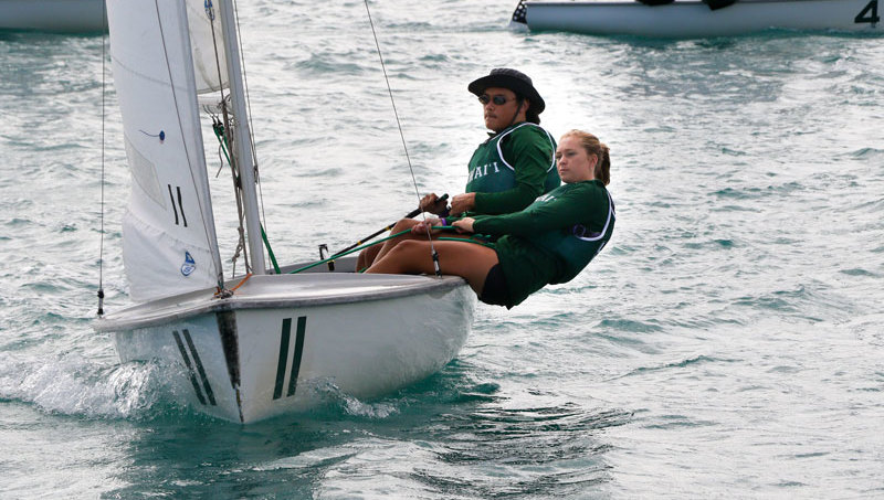 2 UH sailing crew members hanging over the side of their boat.