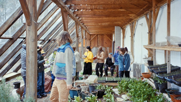 A group of students in a greenhouse with plants.