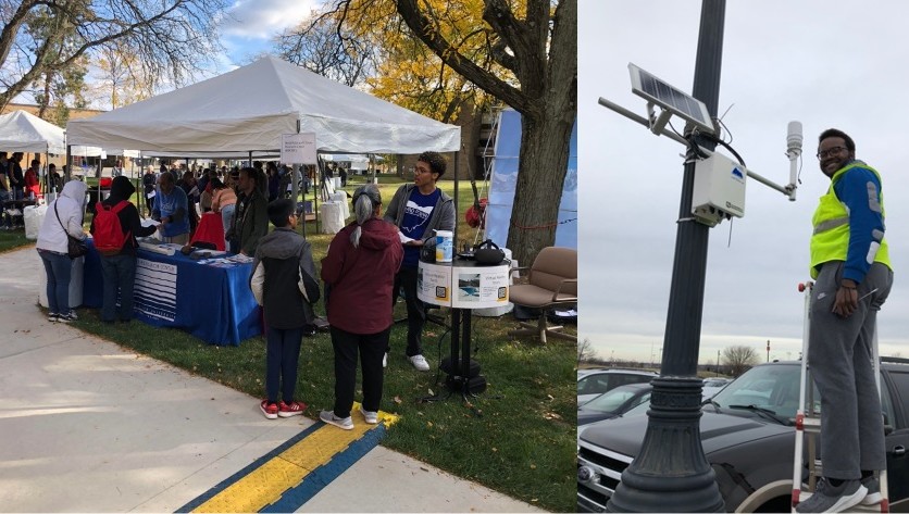 A collage of volunteers manning a information booth, as well as a folder for exploring polar science
