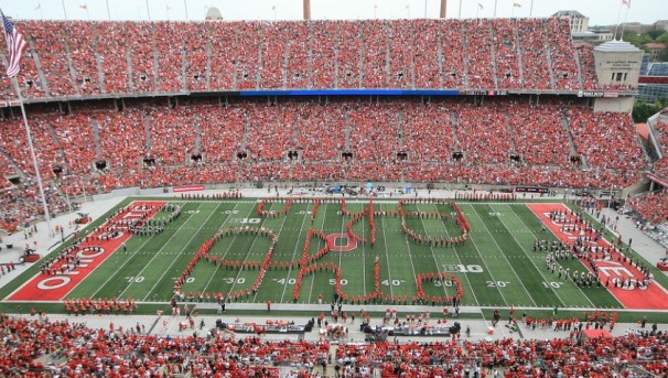 TBDBITL performing at an Ohio State home football game. There are four script Ohios on the field