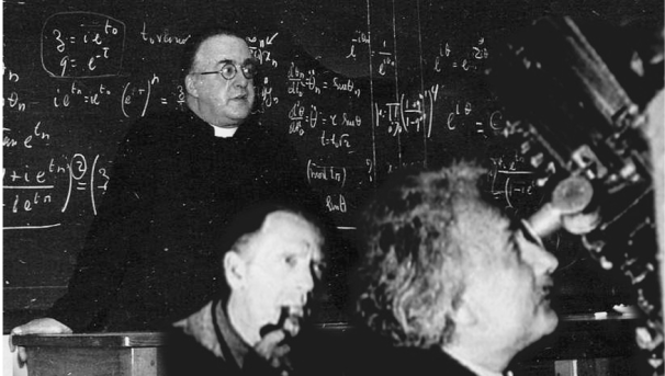 Three men are depicted in the image, Georges Lemaitre, Edwin Hubble and Albert Einstein.