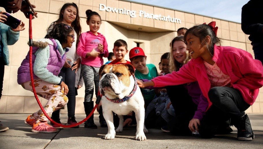 Victor E. Bulldog loves teaching new friends what Bulldog Spirit is all about!