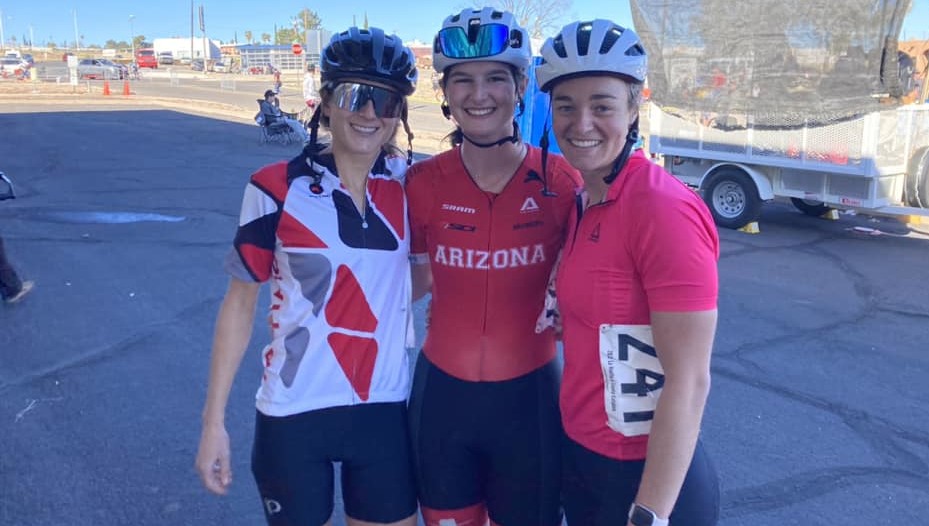 Mary (center) with Rollie (left) and Grace (right) after the first race in 2023.