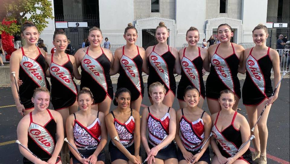 Team Photo of Buckeye Baton Twirl Sports Club in front of Ohio Stadium