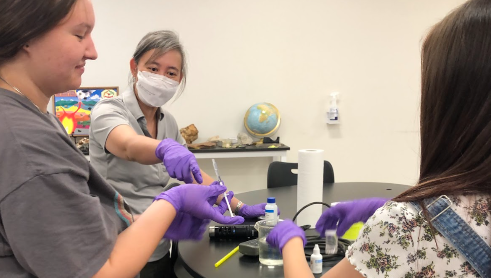 Dr. Quan and two students doing geochemistry!