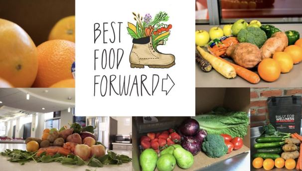 Best Food Forward's logo with a collage of fruits and vegetables behind it