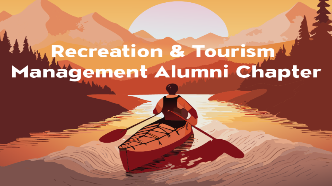 Recreation & Tourism Management Alumni Chapter graphic with person kayaking in mountain lake
