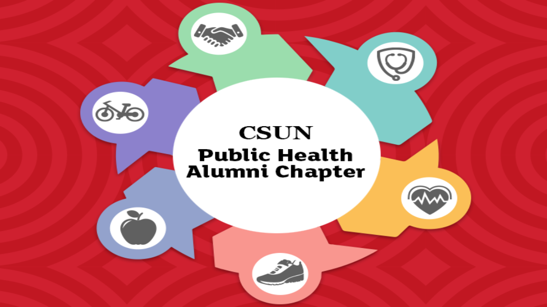 CSUN Public Health Alumni Chapter graphic with health icons on red background