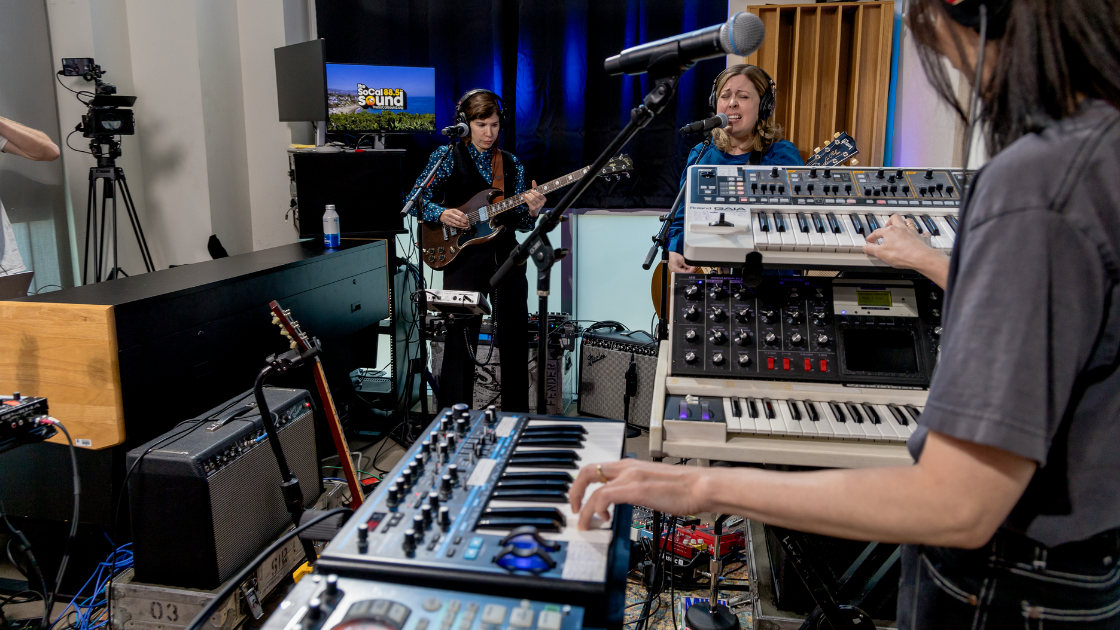 Musicians perform a live studio session at The SoCal Sound recording space.
