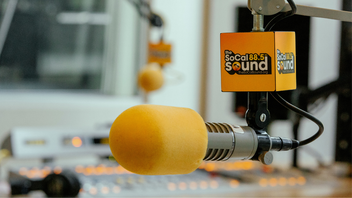 The SoCal Sound 88.5 FM microphone ready for an in-studio broadcast.
