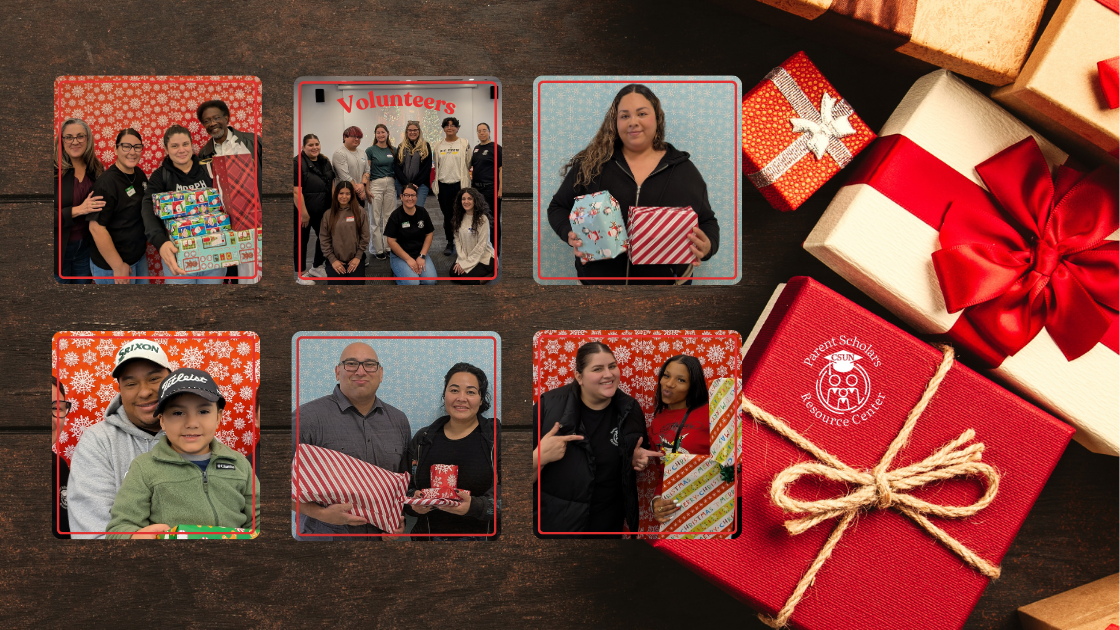 Pictures of people receiving gifts, with images of presents as the background