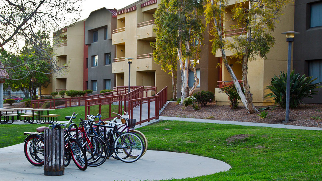 Campus housing with bikes.