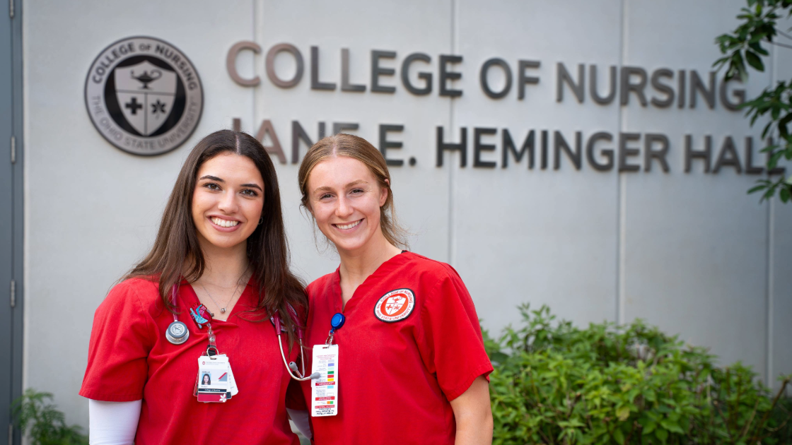 Two Nursing Students Outside Heminger Hall