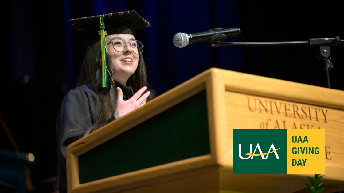 UAA Graduate Student speaker at UAA's Spring 2024 Graduate Degree Hooding Ceremony