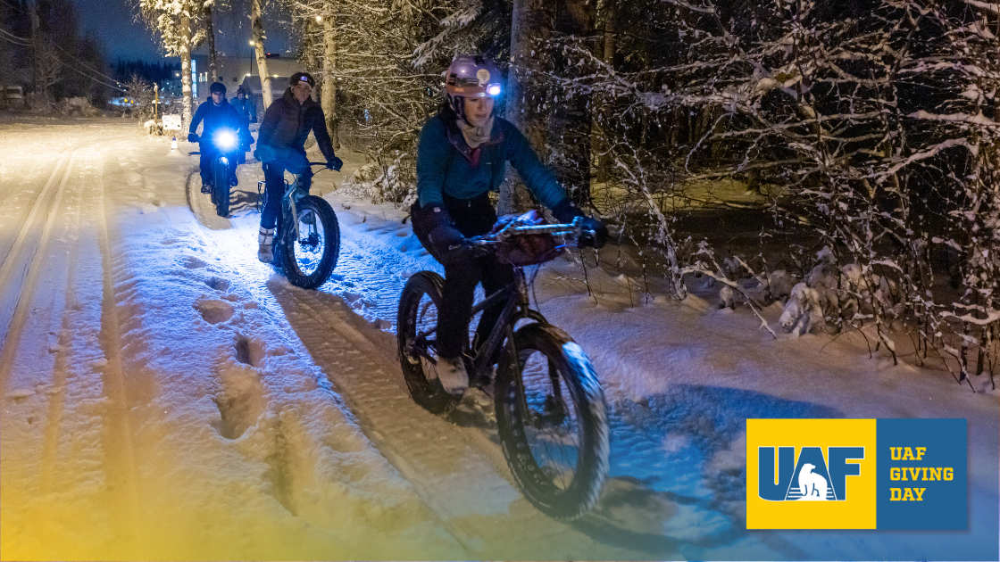 Community members riding fat bikes on UAF campus