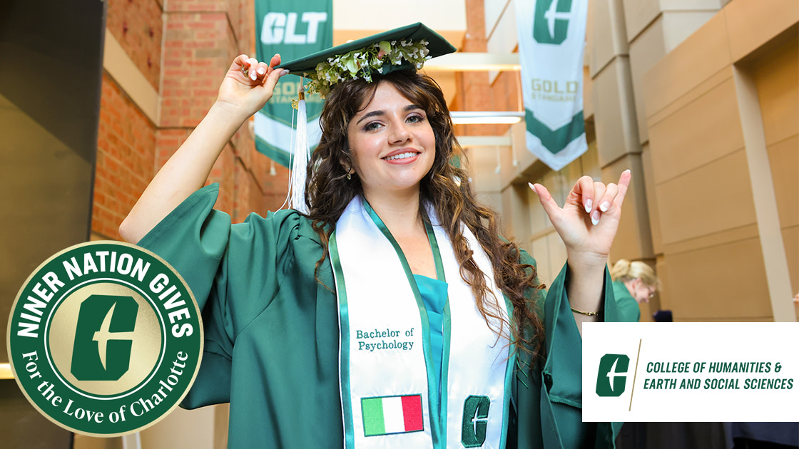 A Bachelor of Psychology student in a graduation cap and gown