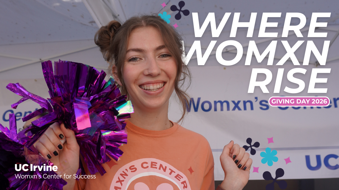 A smiling student with purple pom-poms. Text reads "WHERE WOMXN RISE" and "GIVING DAY 2026"
