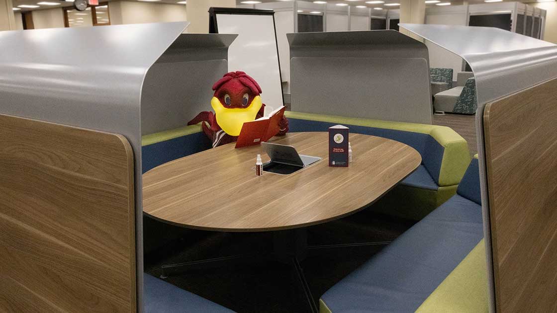 Cocky using a study table on Level 4 of the library.