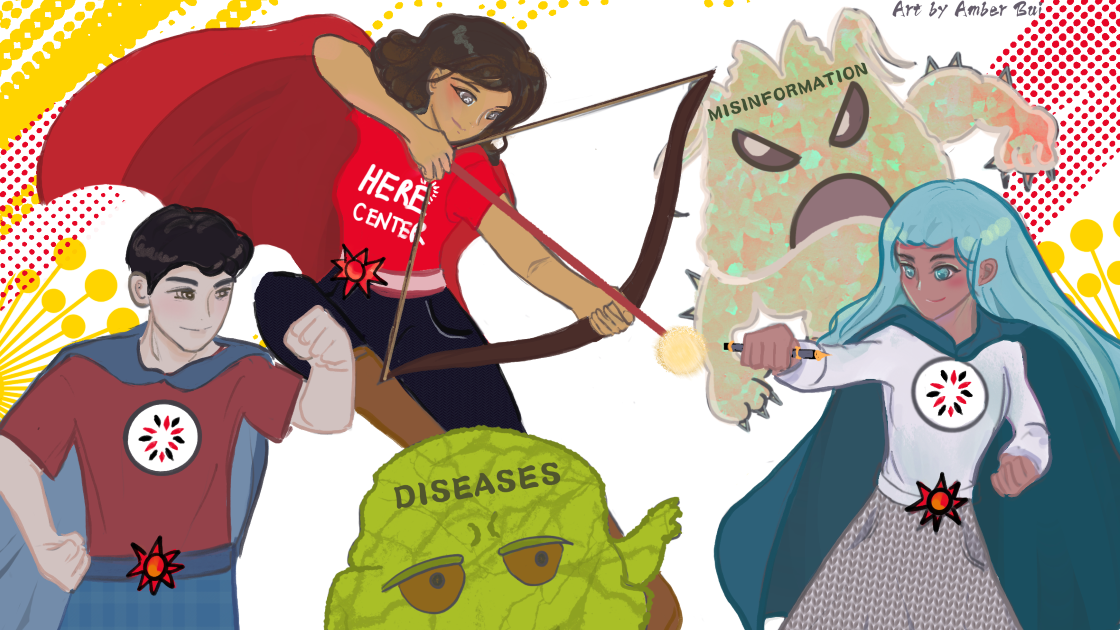 Graphic depiction of super-hero like figures fighting creatures like "Diseases" and "Misinformation"