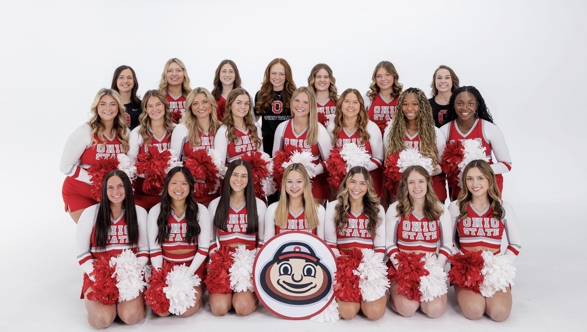 Group photo of the all-womens cheer team at Ohio State
