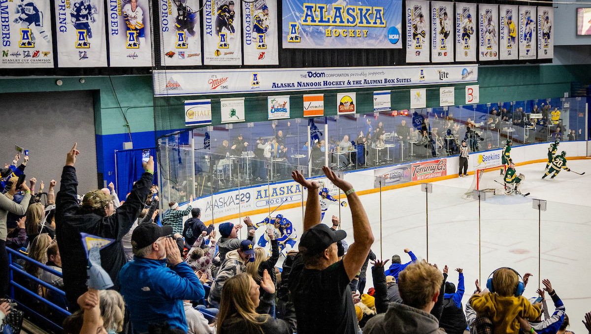 Nanook fans cheer at a UAF vs UAA Gov Cup game in the 2023-24 season.